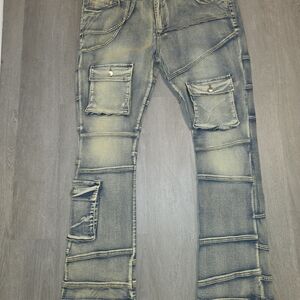 Men's Washed Black Cargo Jeans with Distressed Paneling. Skinny Flare Fit.